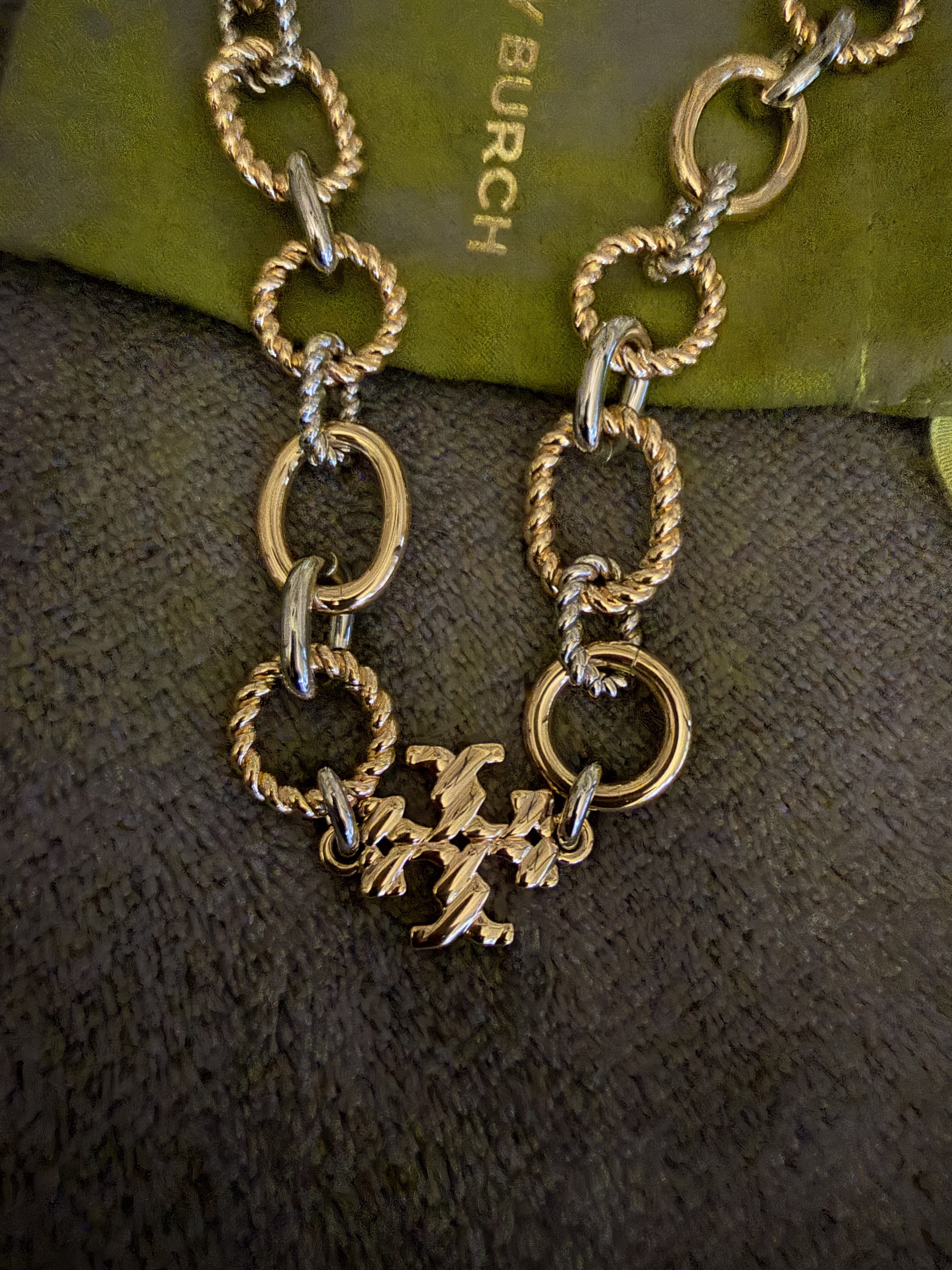 Tory Burch Two-Tone Gold Logo Chain Necklace New